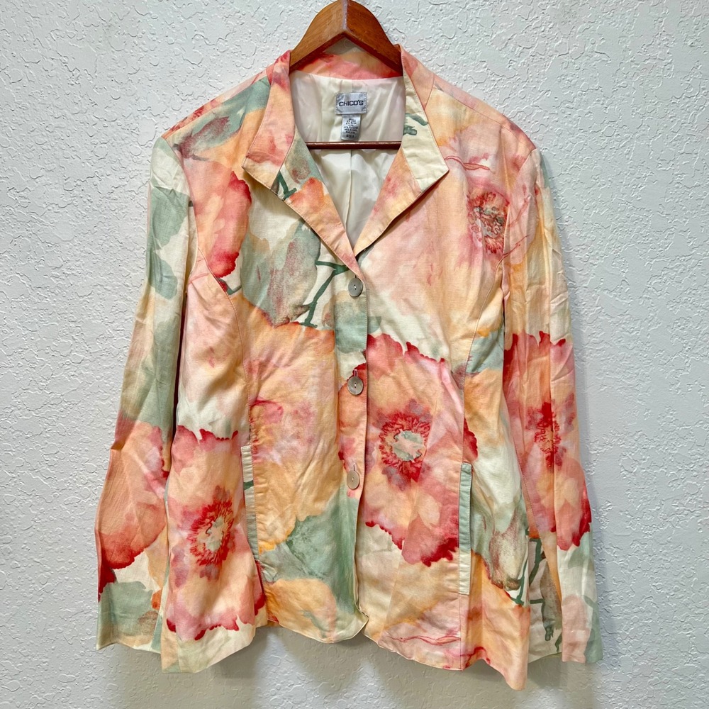 Chicos VTG Floral Watercolor Linen Blend Blazer Peach Coral Coastal Cottage XL